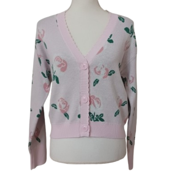 Floral Pink Rose Print Cardigan Sweater Button Front Top Size Small Women's - Picture 1 of 13